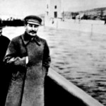 When an important Soviet political figure fell from grace they were literally airbrushed from history - all that is left of Ezhov in this picture is a barely detectable shadow on the water.